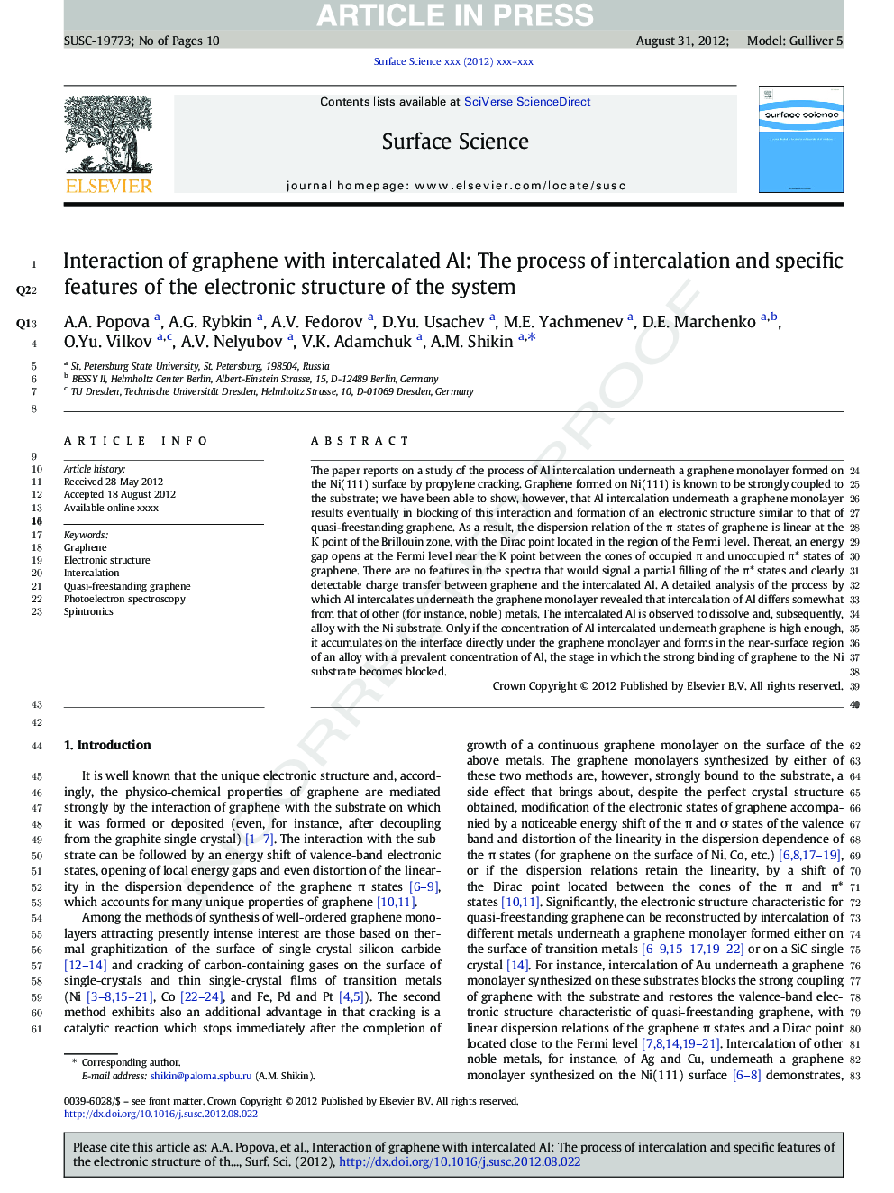 Interaction of graphene with intercalated Al: The process of intercalation and specific features of the electronic structure of the system