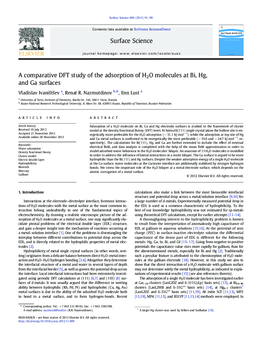 A comparative DFT study of the adsorption of H2O molecules at Bi, Hg, and Ga surfaces