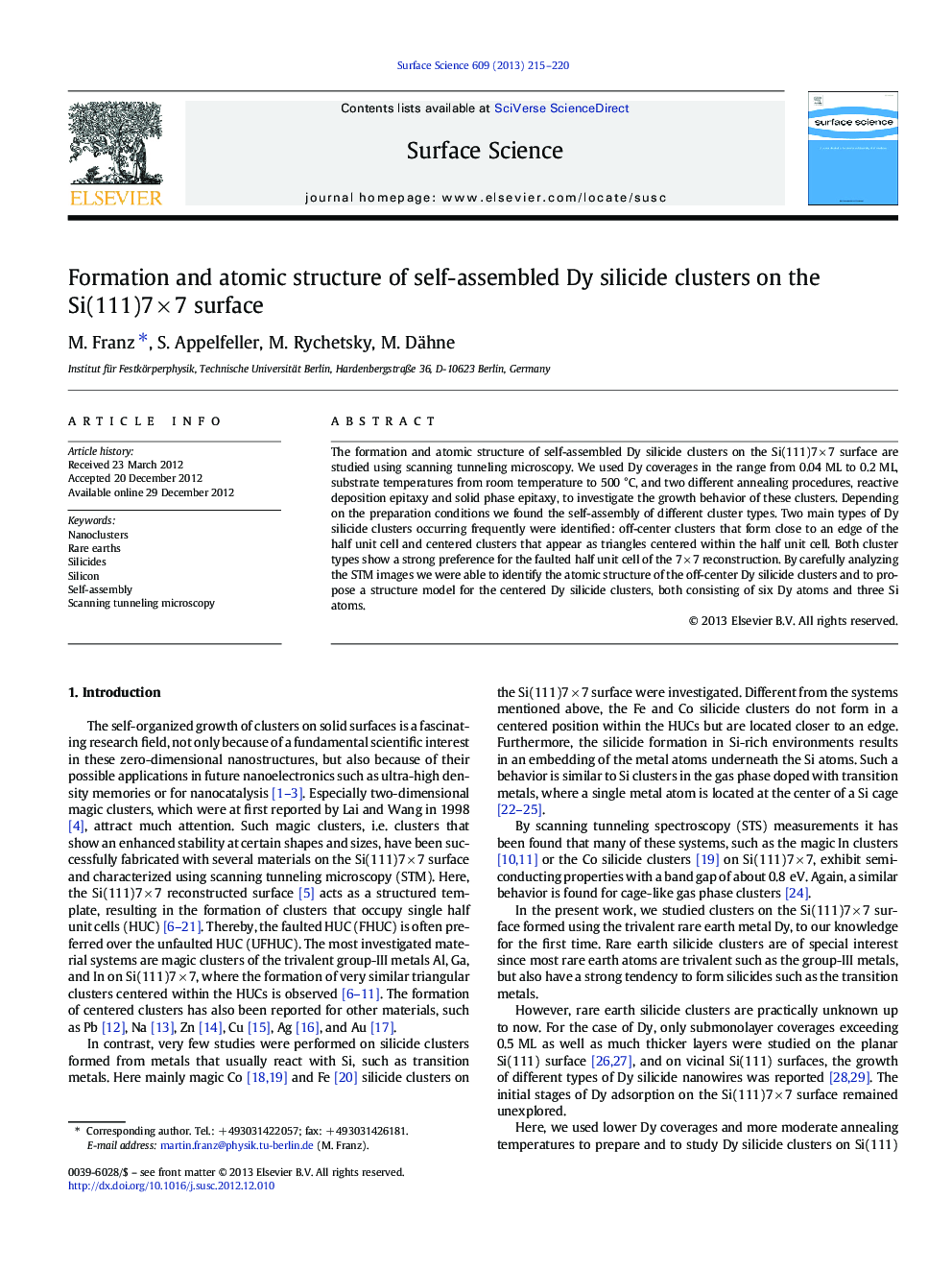 Formation and atomic structure of self-assembled Dy silicide clusters on the Si(111)7Â ÃÂ 7 surface