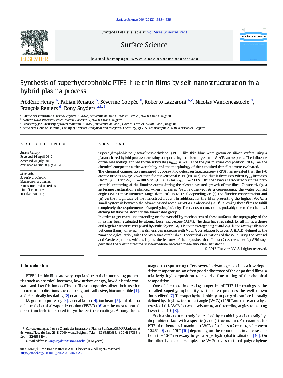 Synthesis of superhydrophobic PTFE-like thin films by self-nanostructuration in a hybrid plasma process