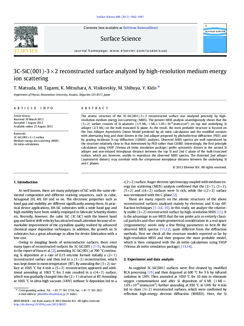 3C-SiC(001)-3Â ÃÂ 2 reconstructed surface analyzed by high-resolution medium energy ion scattering