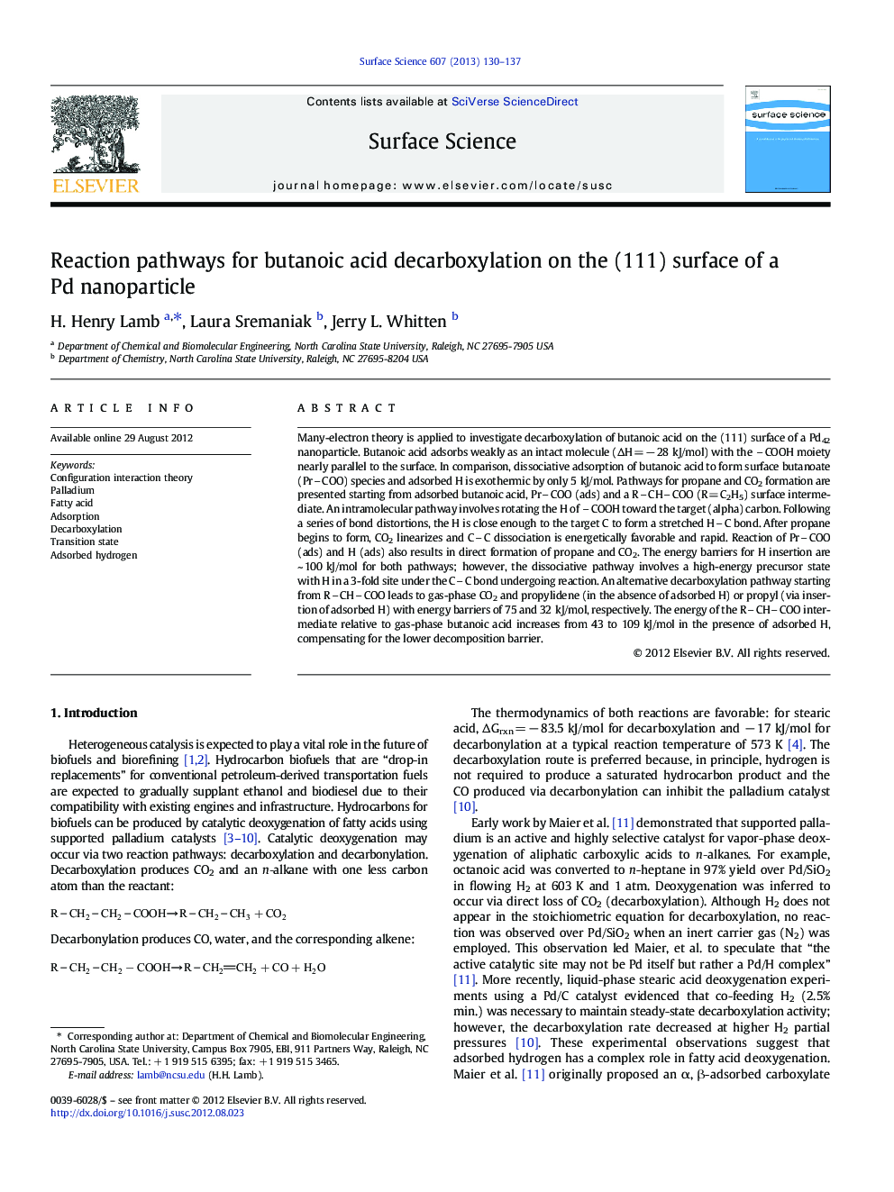 Reaction pathways for butanoic acid decarboxylation on the (111) surface of a Pd nanoparticle