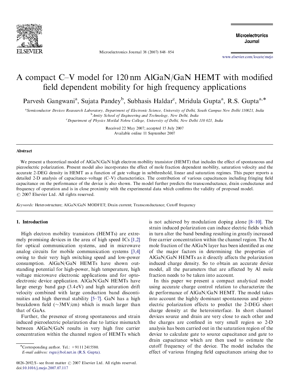 A compact C–V model for 120 nm AlGaN/GaN HEMT with modified field dependent mobility for high frequency applications