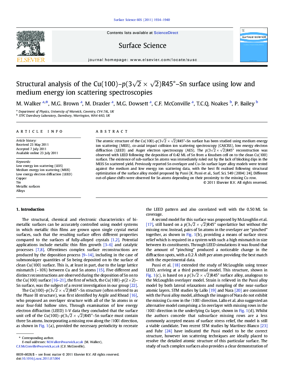 Structural analysis of the Cu(100)-p(32Ã2)R45Â°-Sn surface using low and medium energy ion scattering spectroscopies