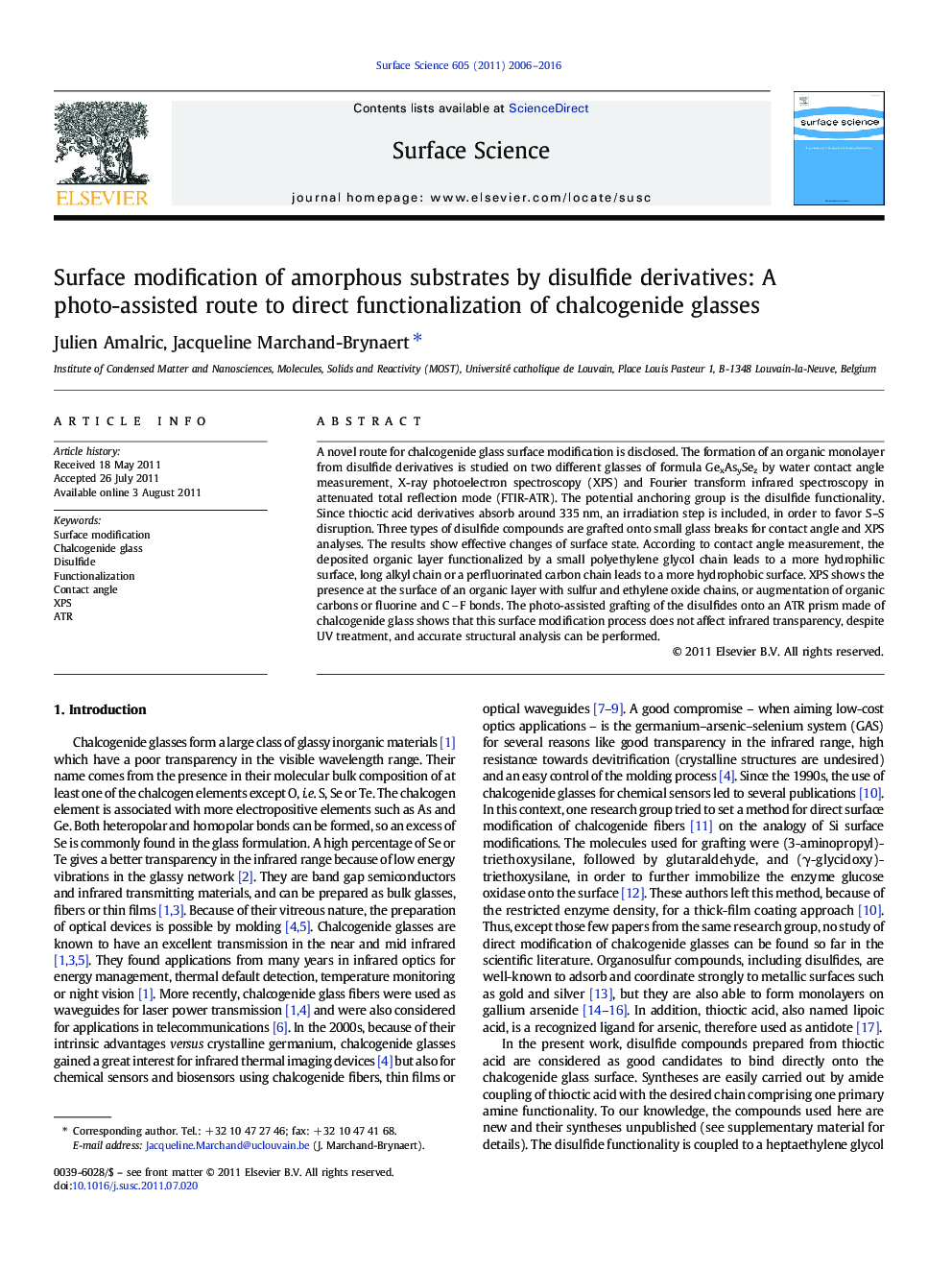 Surface modification of amorphous substrates by disulfide derivatives: A photo-assisted route to direct functionalization of chalcogenide glasses