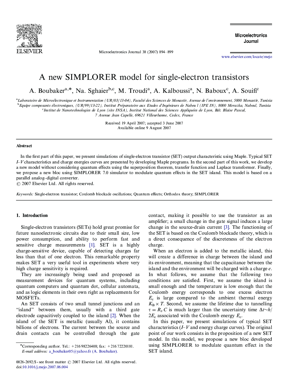 A new SIMPLORER model for single-electron transistors