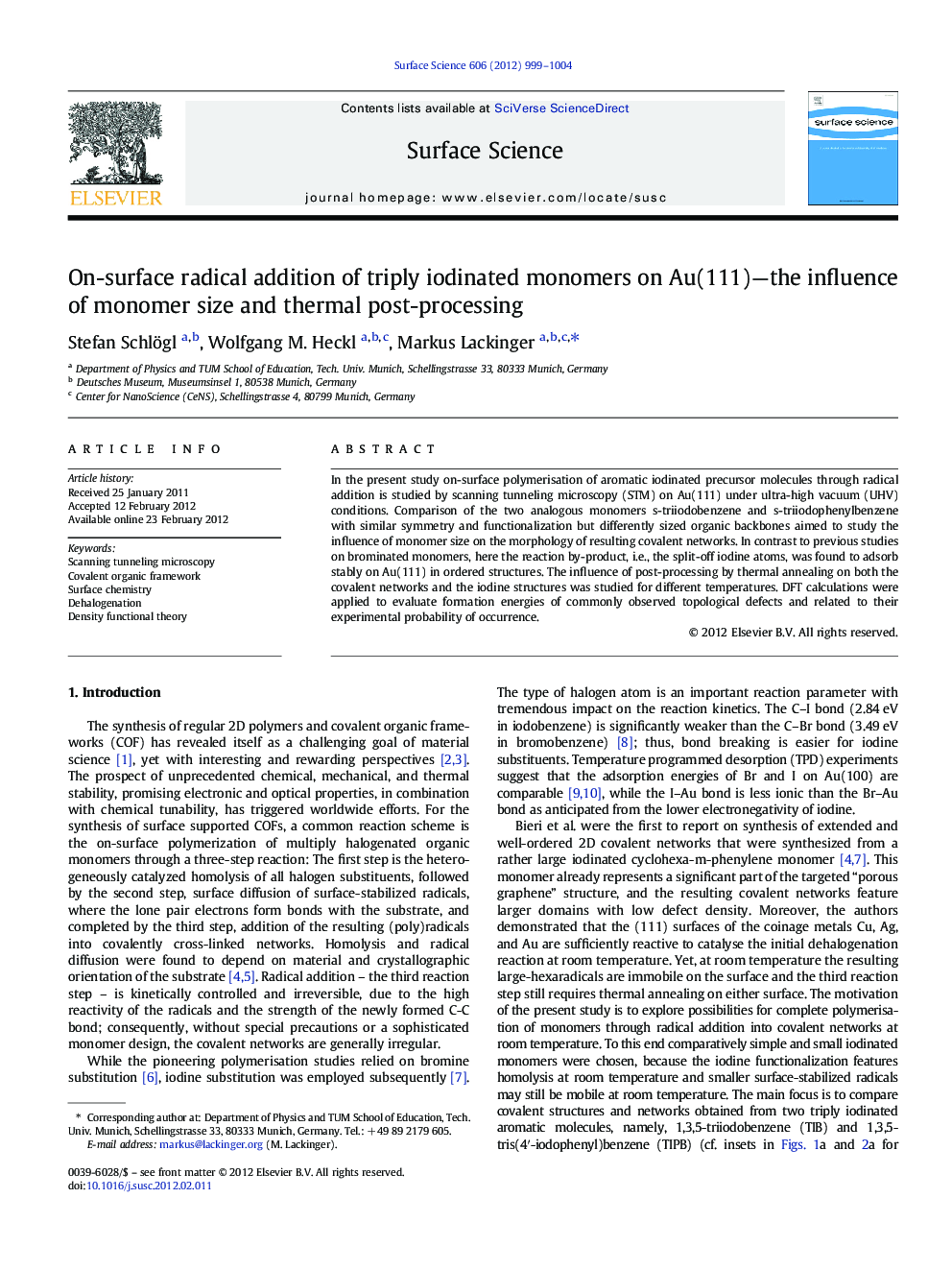 On-surface radical addition of triply iodinated monomers on Au(111)-the influence of monomer size and thermal post-processing