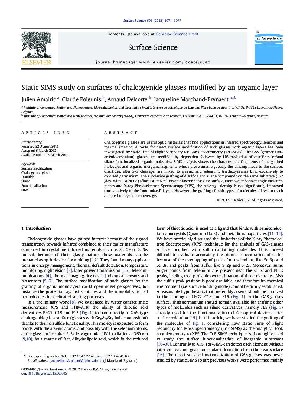 Static SIMS study on surfaces of chalcogenide glasses modified by an organic layer