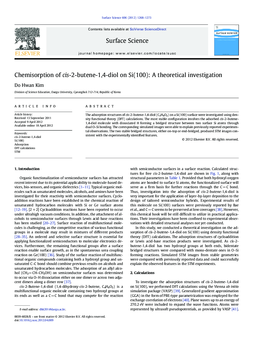 Chemisorption of cis-2-butene-1,4-diol on Si(100): A theoretical investigation