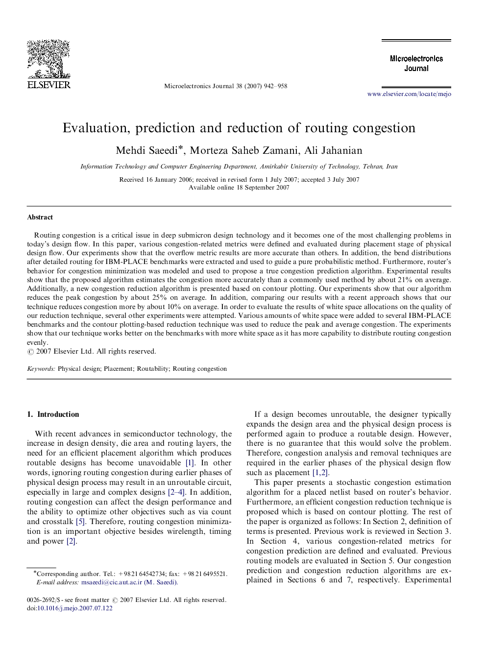 Evaluation, prediction and reduction of routing congestion