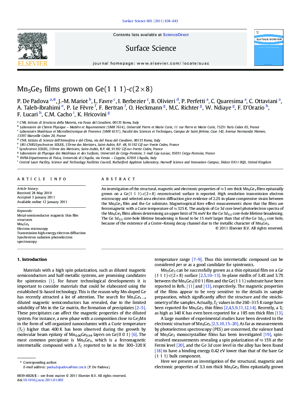 Mn5Ge3 films grown on Ge(1 1 1)-c(2Â ÃÂ 8)