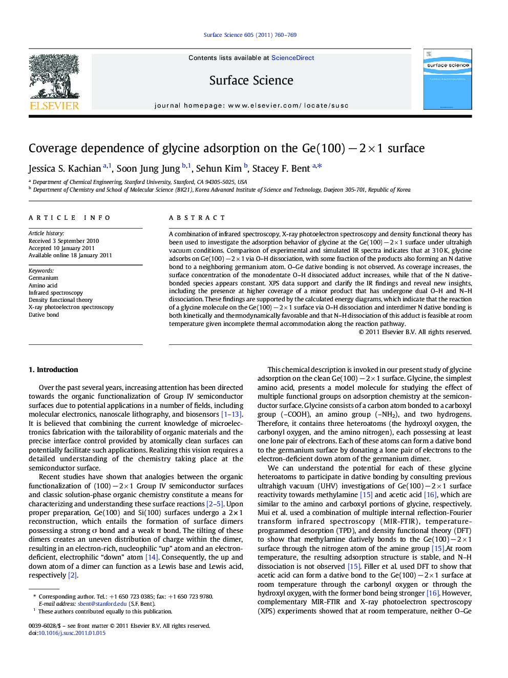 Coverage dependence of glycine adsorption on the Ge(100)Â âÂ 2Â ÃÂ 1 surface
