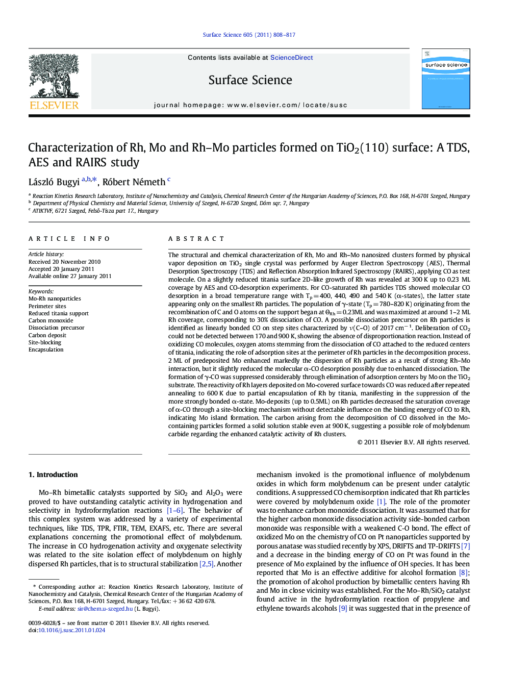 Characterization of Rh, Mo and Rh-Mo particles formed on TiO2(110) surface: A TDS, AES and RAIRS study