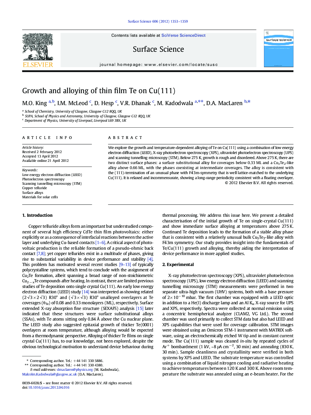 Growth and alloying of thin film Te on Cu(111)