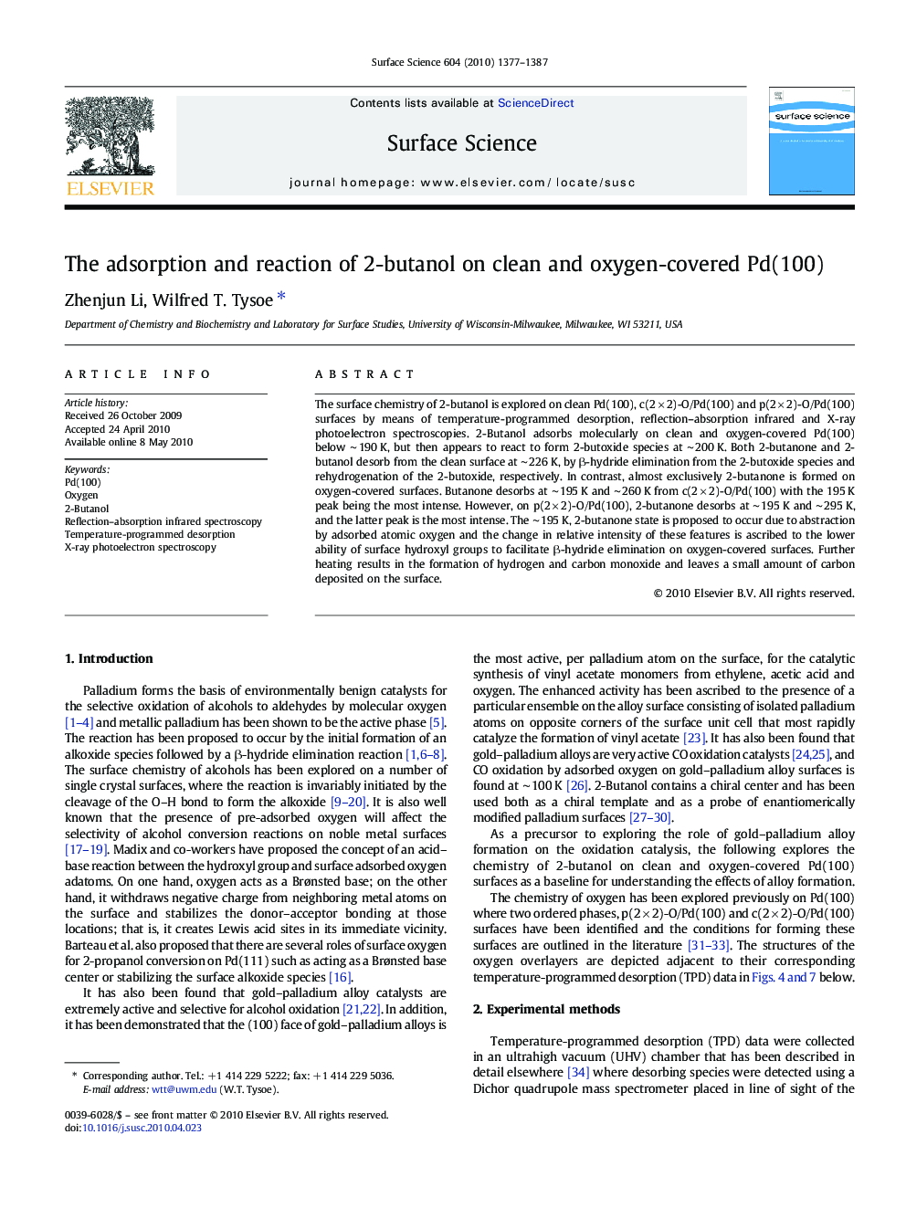 The adsorption and reaction of 2-butanol on clean and oxygen-covered Pd(100)