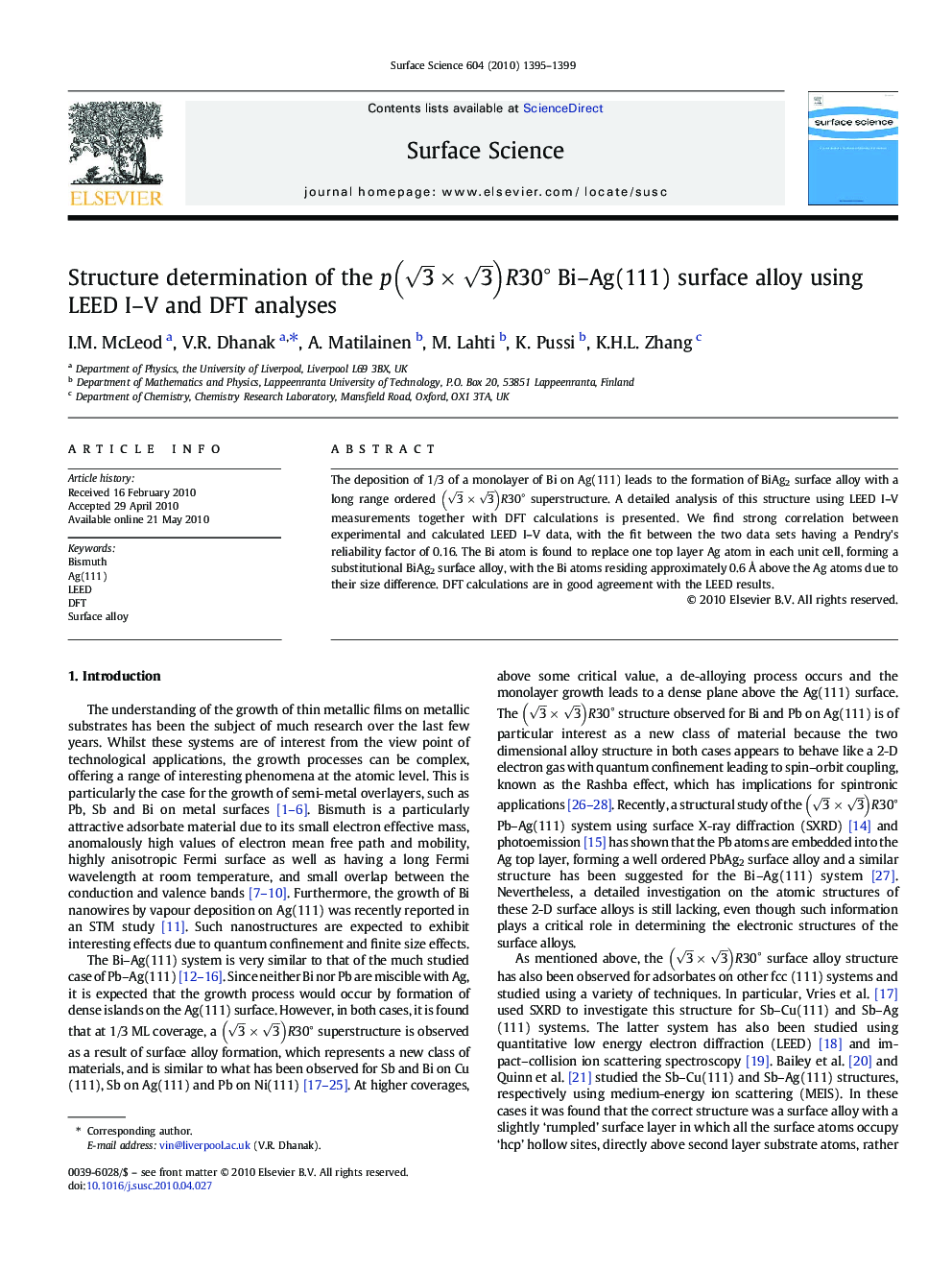 Structure determination of the p3Ã3R30â Bi-Ag(111) surface alloy using LEED I-V and DFT analyses