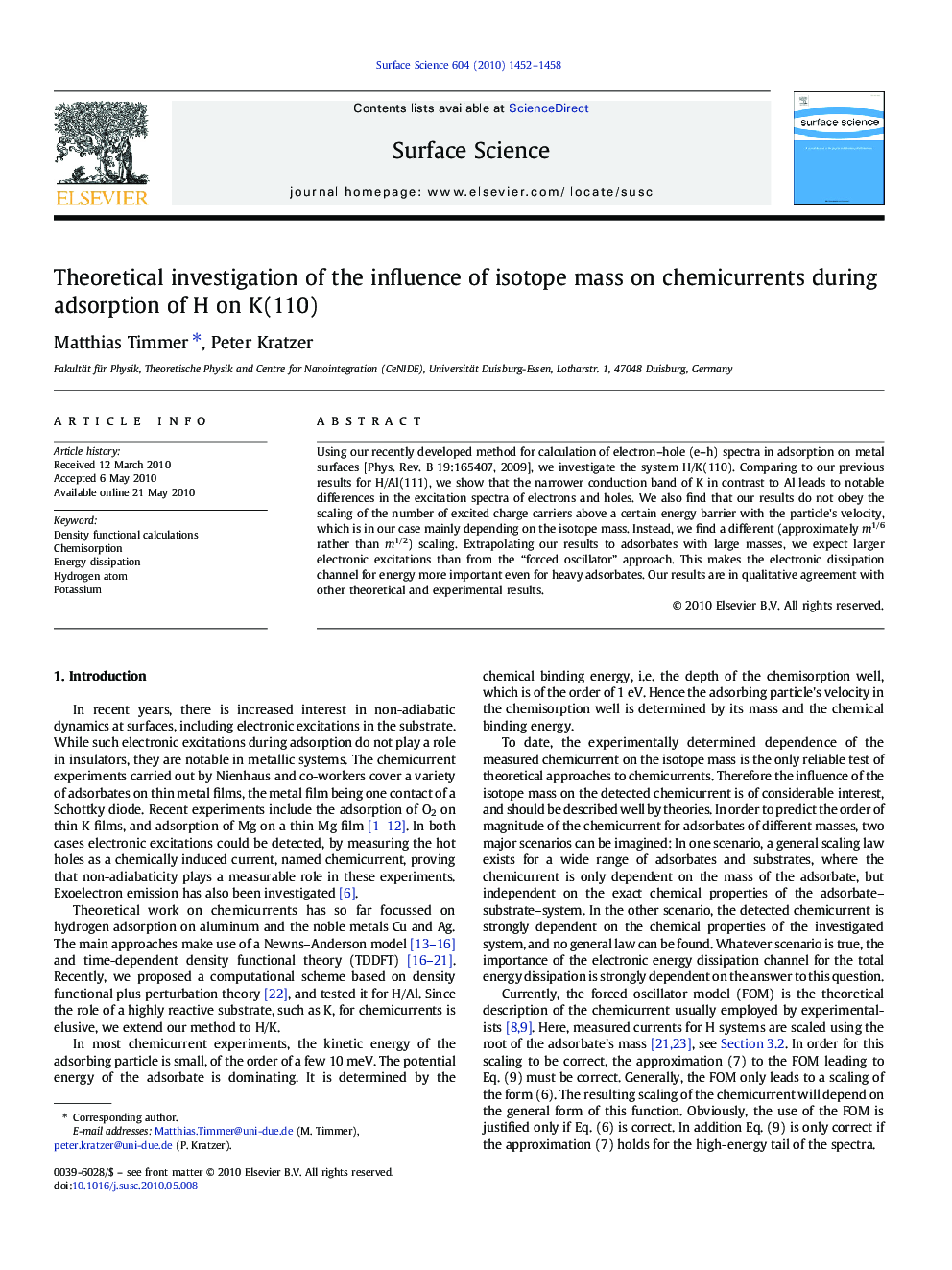 Theoretical investigation of the influence of isotope mass on chemicurrents during adsorption of H on K(110)