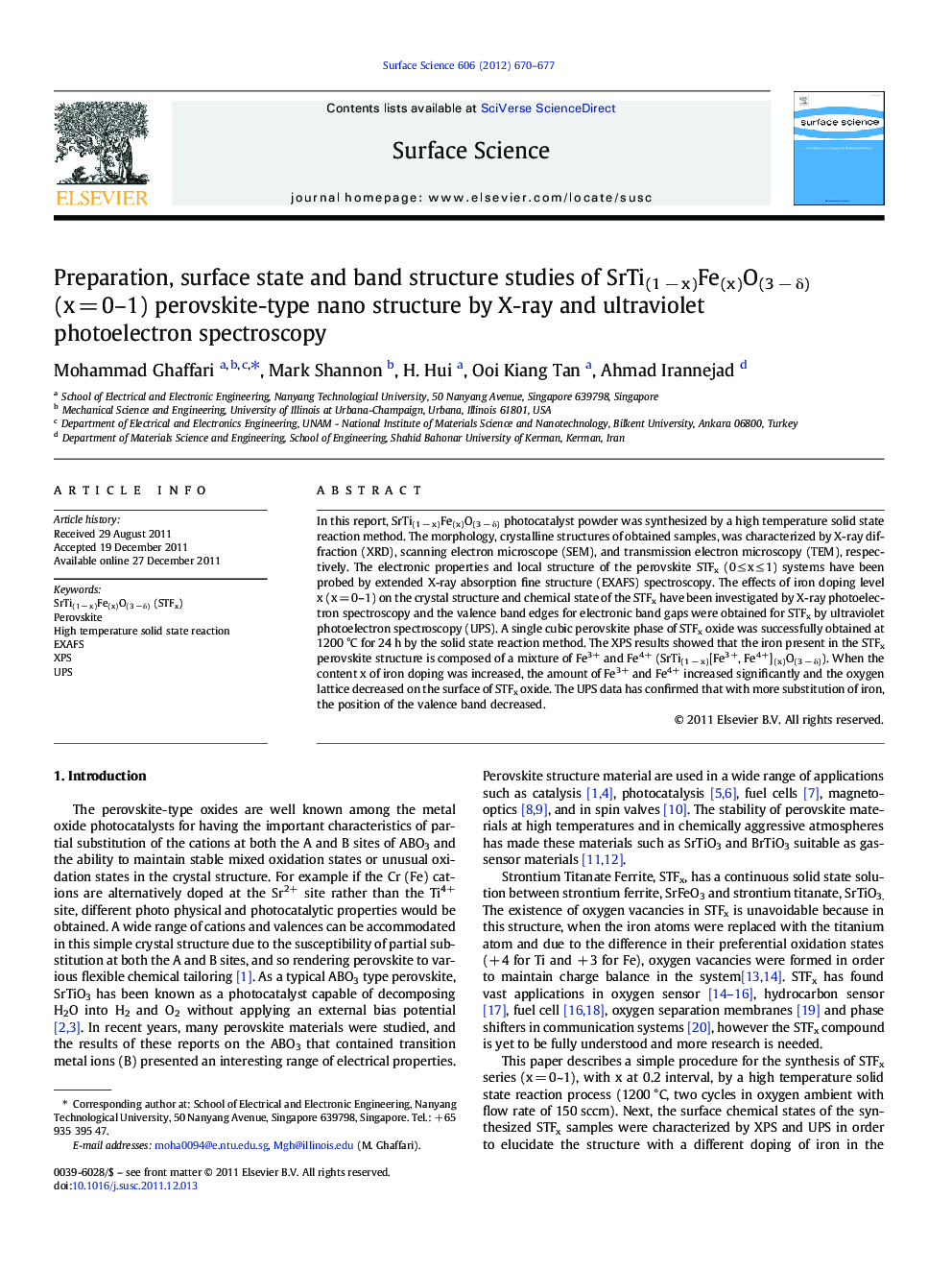 Preparation, surface state and band structure studies of SrTi(1Â âÂ x)Fe(x)O(3Â âÂ Î´) (xÂ =Â 0-1) perovskite-type nano structure by X-ray and ultraviolet photoelectron spectroscopy