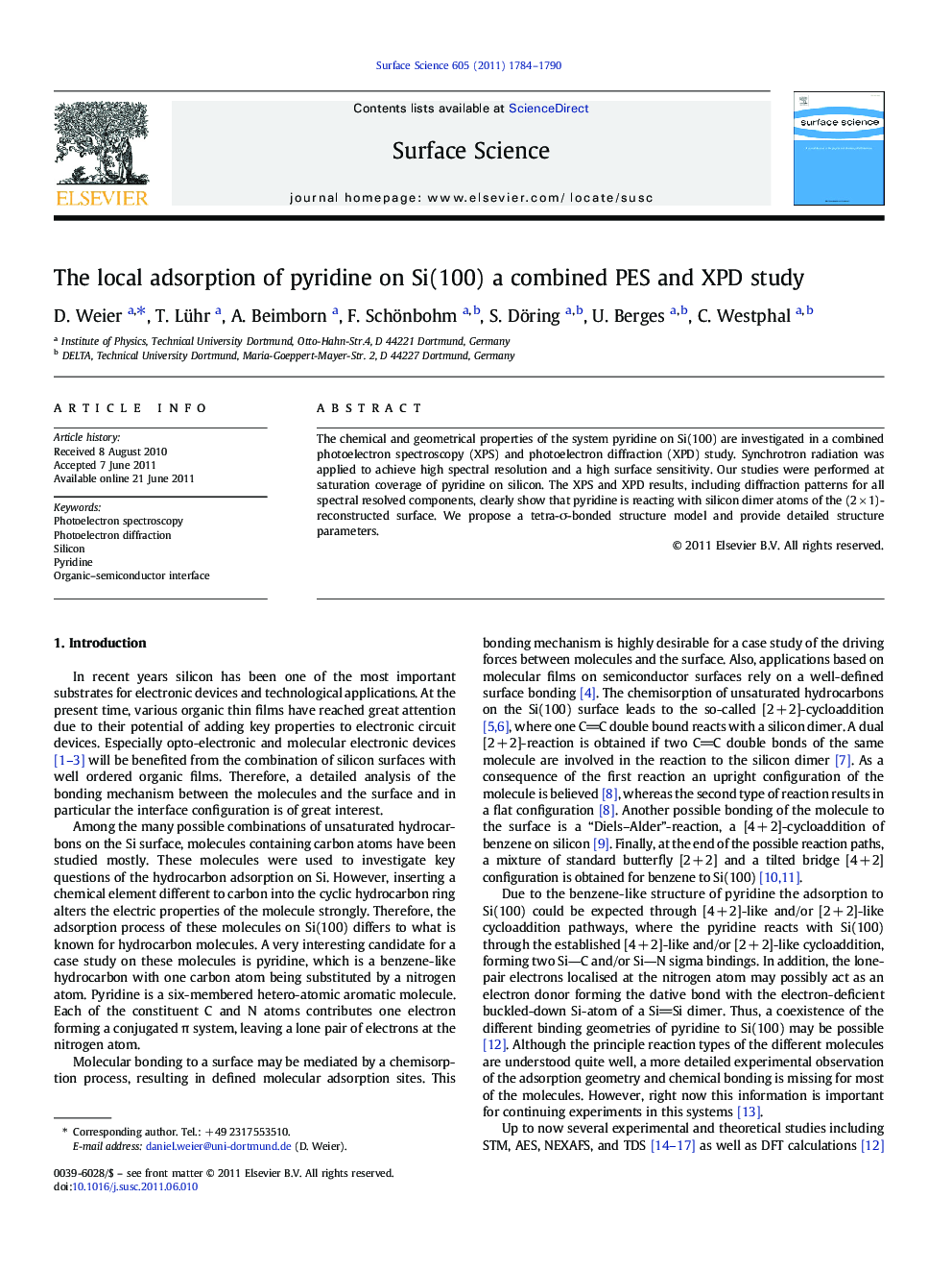 The local adsorption of pyridine on Si(100) a combined PES and XPD study