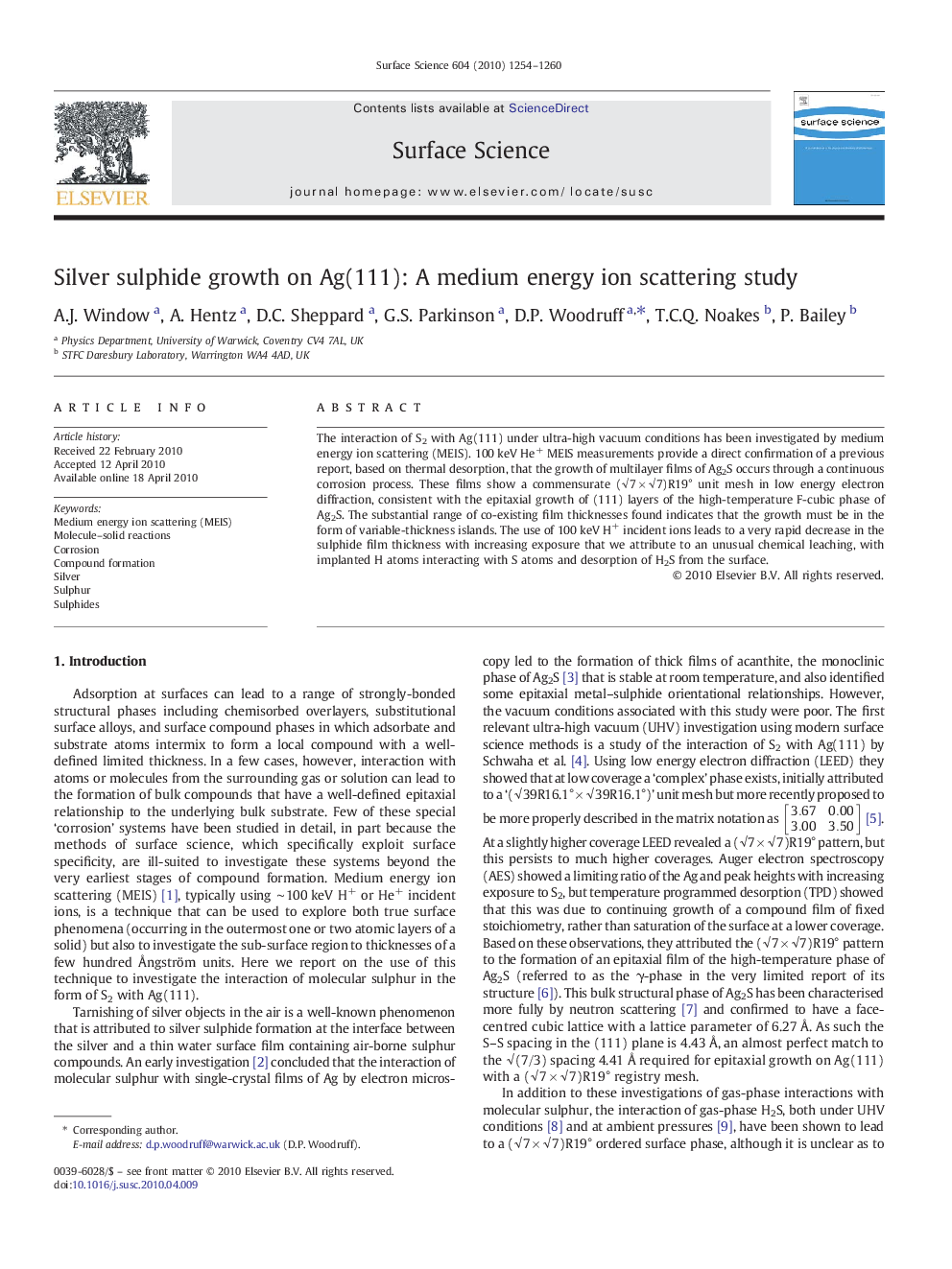 Silver sulphide growth on Ag(111): A medium energy ion scattering study