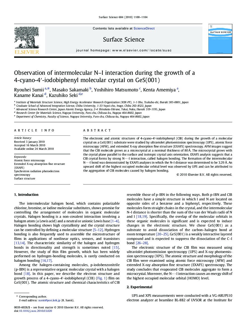 Observation of intermolecular N-I interaction during the growth of a 4-cyano-4â²-iodobiphenyl molecular crystal on GeS(001)