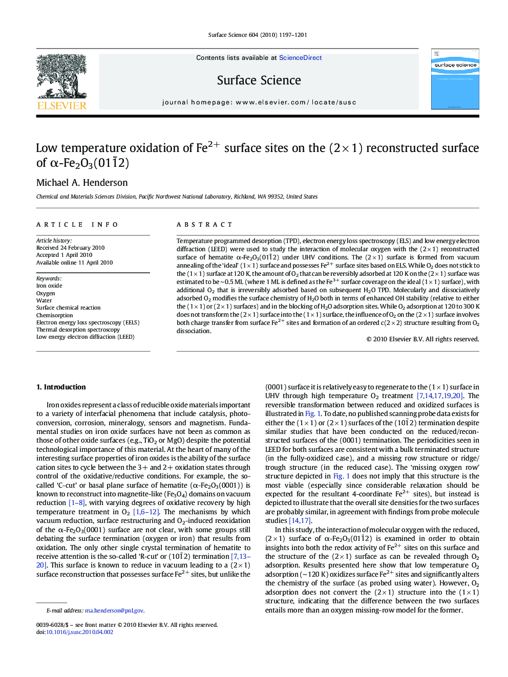 Low temperature oxidation of Fe2+ surface sites on the (2Â ÃÂ 1) reconstructed surface of Î±-Fe2O3(011Â­2)