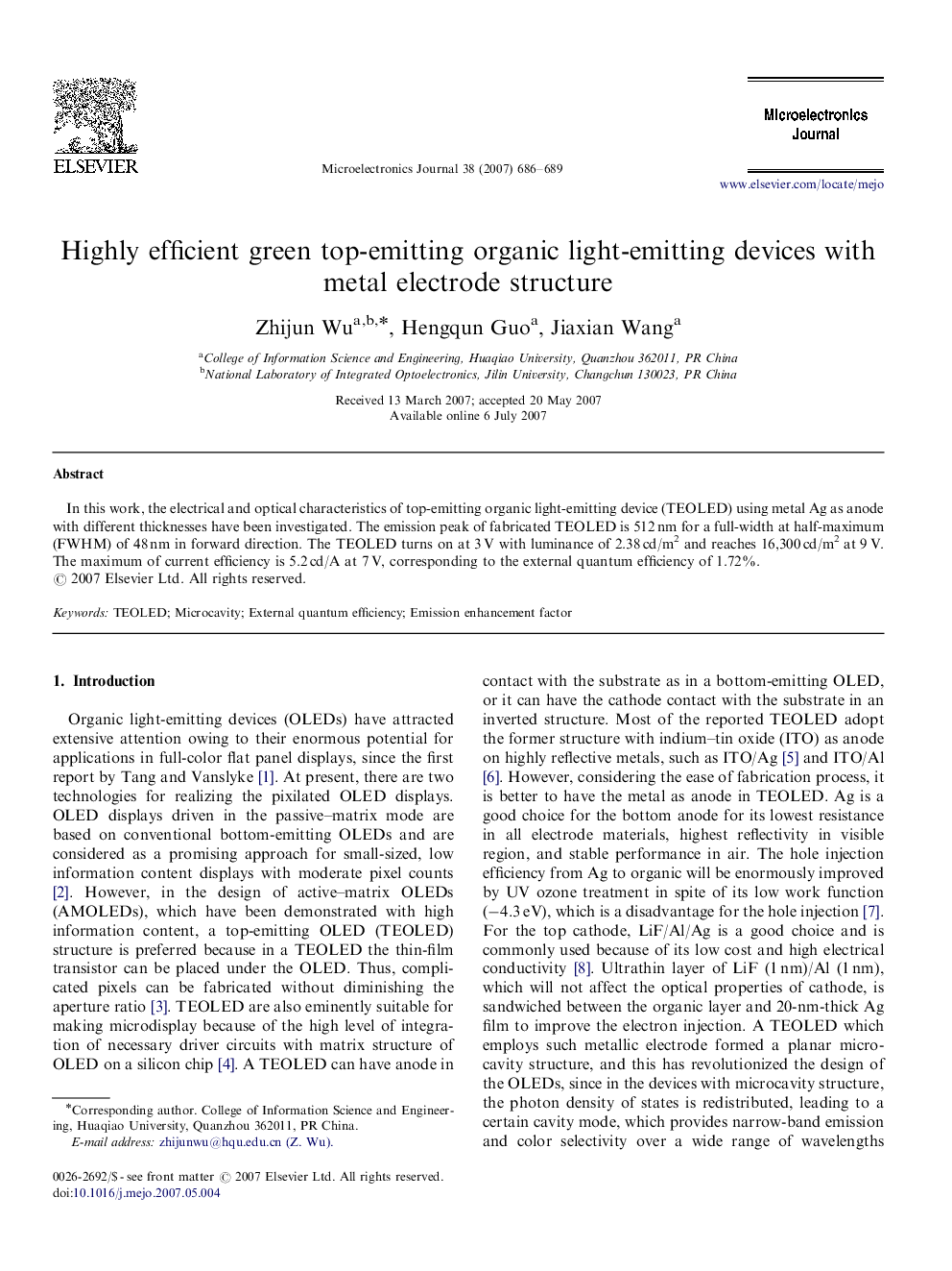 Highly efficient green top-emitting organic light-emitting devices with metal electrode structure