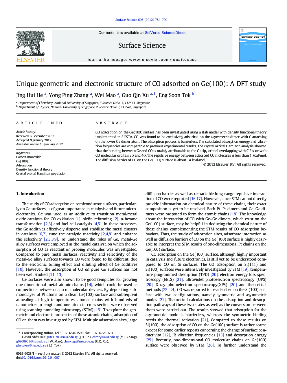 Unique geometric and electronic structure of CO adsorbed on Ge(100): A DFT study