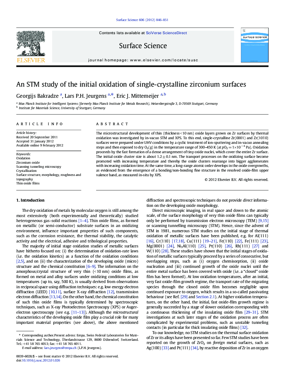 An STM study of the initial oxidation of single-crystalline zirconium surfaces