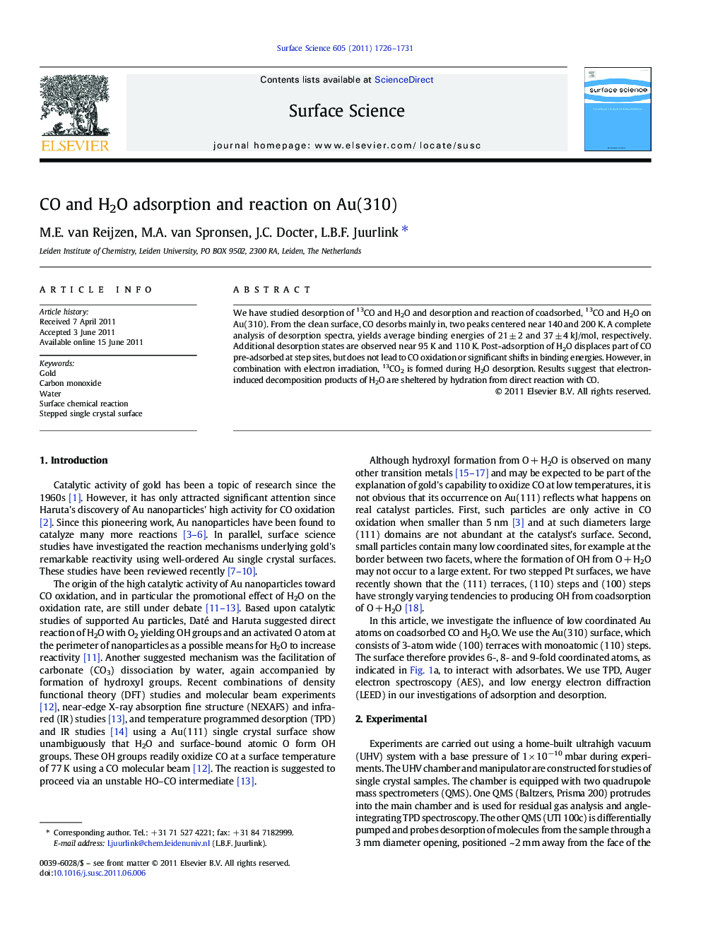 CO and H2O adsorption and reaction on Au(310)