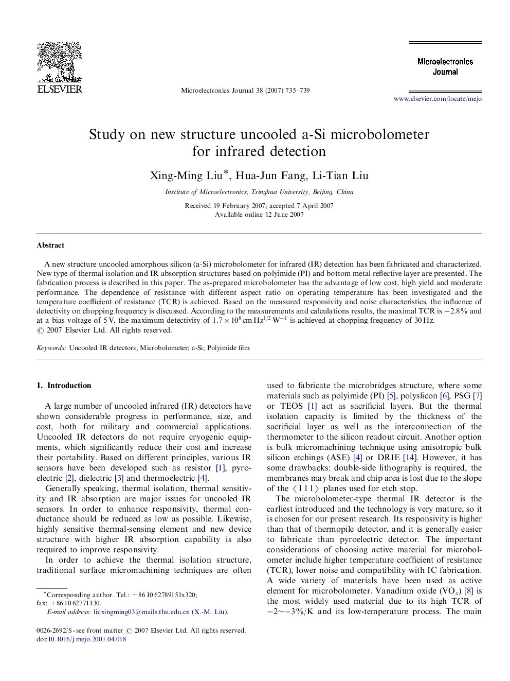 Study on new structure uncooled a-Si microbolometer for infrared detection