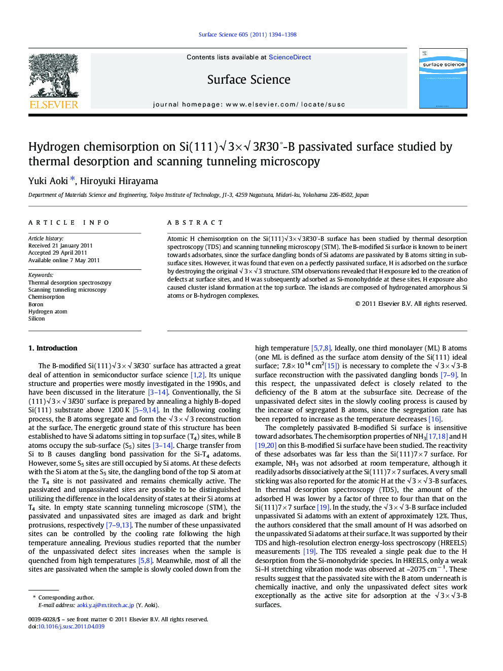 Hydrogen chemisorption on Si(111)âÂ 3ÃâÂ 3R30â-B passivated surface studied by thermal desorption and scanning tunneling microscopy