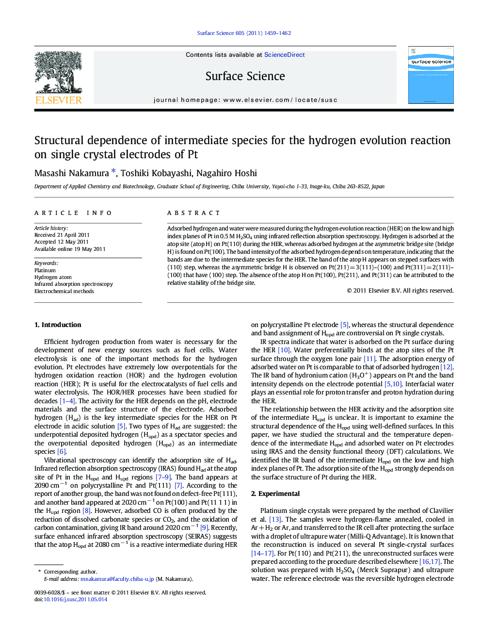 Structural dependence of intermediate species for the hydrogen evolution reaction on single crystal electrodes of Pt