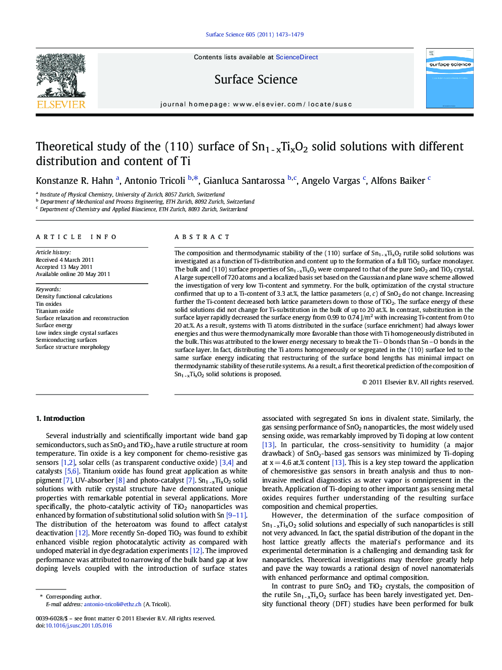 Theoretical study of the (110) surface of Sn1Â -Â xTixO2 solid solutions with different distribution and content of Ti