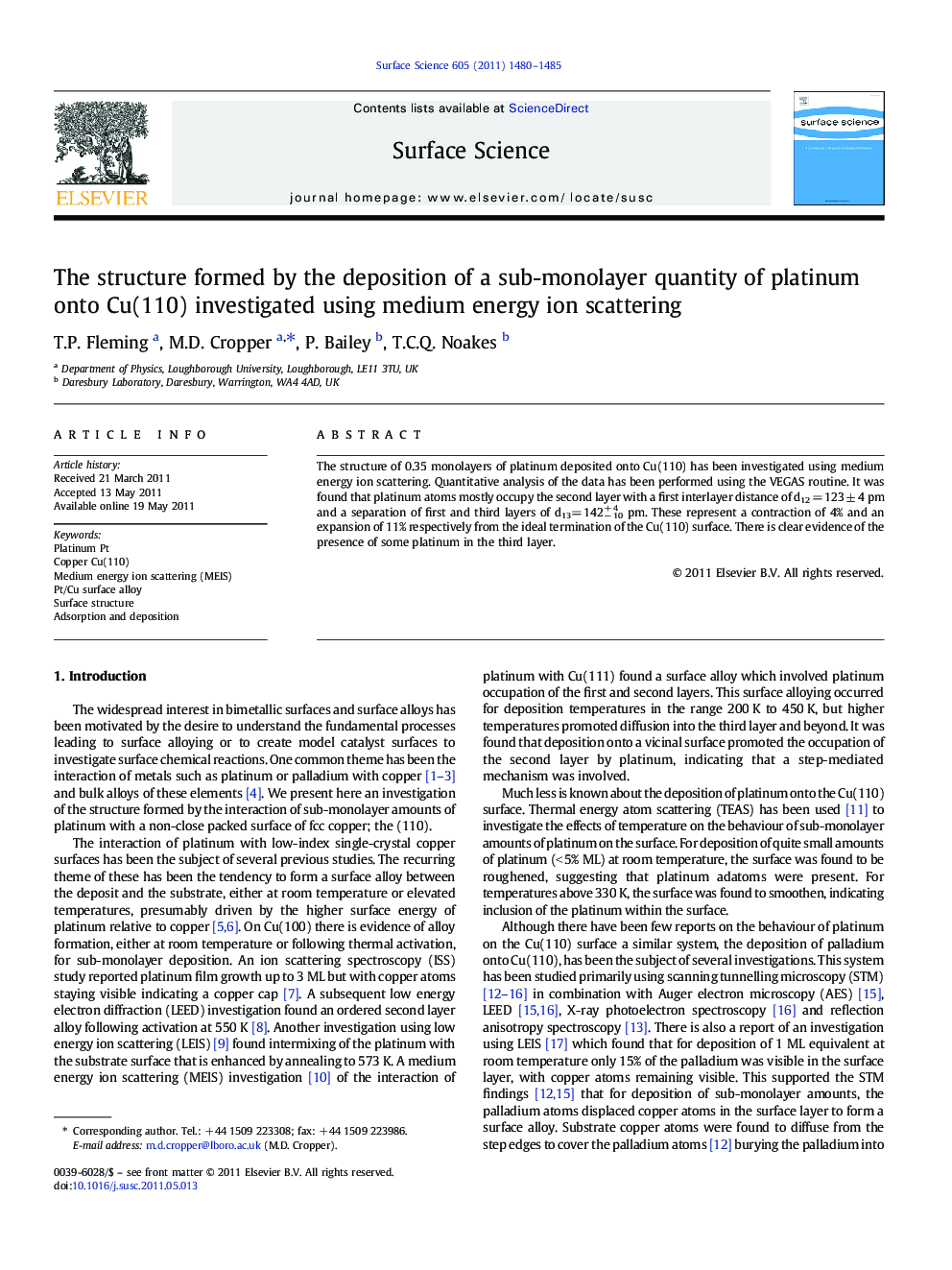 The structure formed by the deposition of a sub-monolayer quantity of platinum onto Cu(110) investigated using medium energy ion scattering