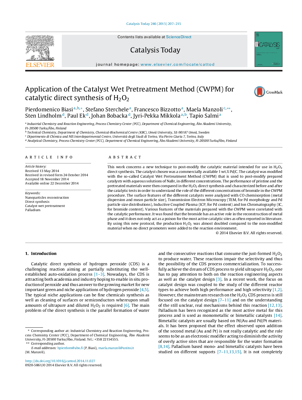 Application of the Catalyst Wet Pretreatment Method (CWPM) for catalytic direct synthesis of H2O2