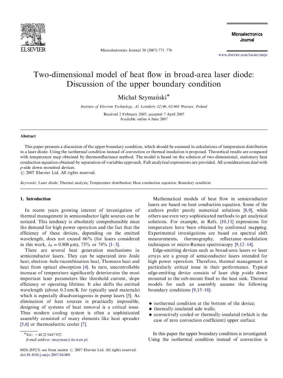 Two-dimensional model of heat flow in broad-area laser diode: Discussion of the upper boundary condition