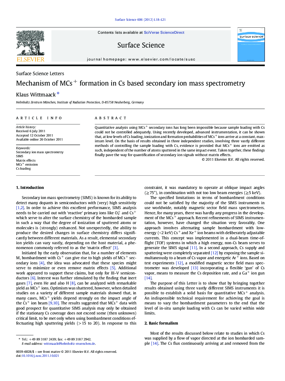 Mechanism of MCs+ formation in Cs based secondary ion mass spectrometry