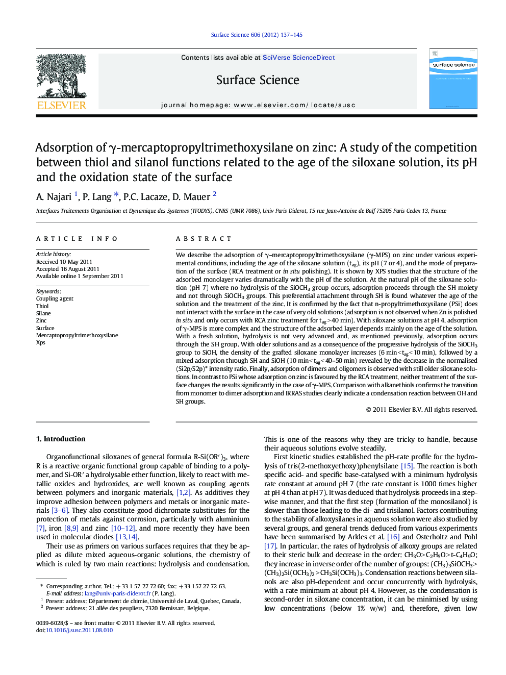 Adsorption of Î³-mercaptopropyltrimethoxysilane on zinc: A study of the competition between thiol and silanol functions related to the age of the siloxane solution, its pH and the oxidation state of the surface