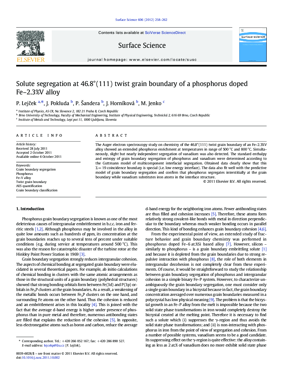 Solute segregation at 46.8Â°(111) twist grain boundary of a phosphorus doped Fe-2.3%V alloy