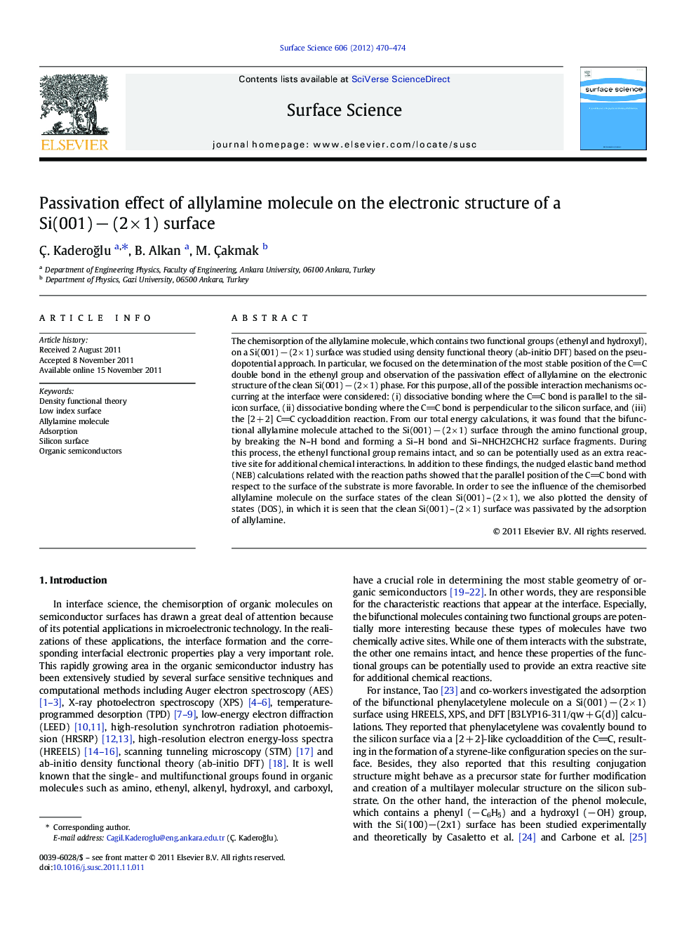 Passivation effect of allylamine molecule on the electronic structure of a Si(001)Â âÂ (2Â ÃÂ 1) surface