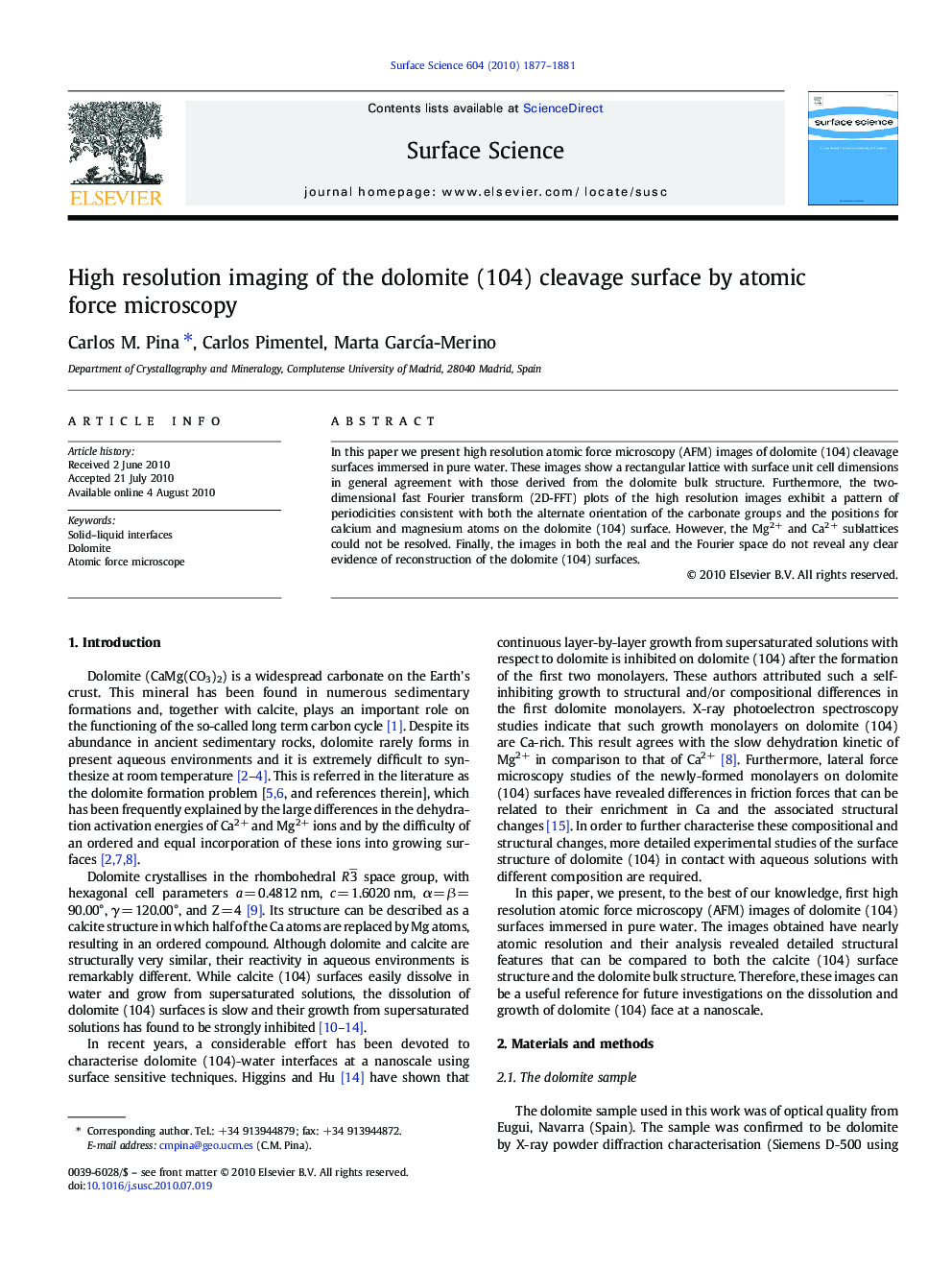 High resolution imaging of the dolomite (104) cleavage surface by atomic force microscopy