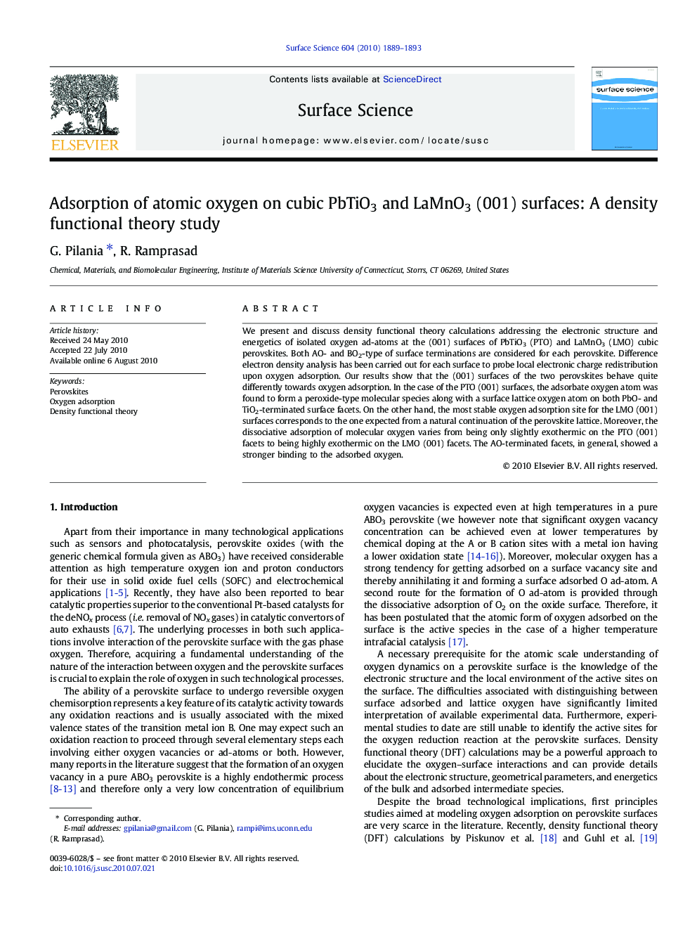 Adsorption of atomic oxygen on cubic PbTiO3 and LaMnO3 (001) surfaces: A density functional theory study