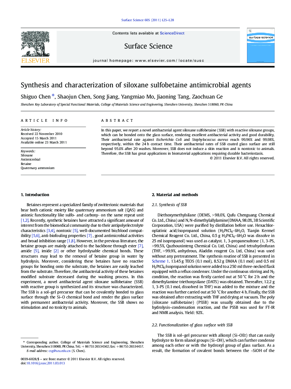 Synthesis and characterization of siloxane sulfobetaine antimicrobial agents