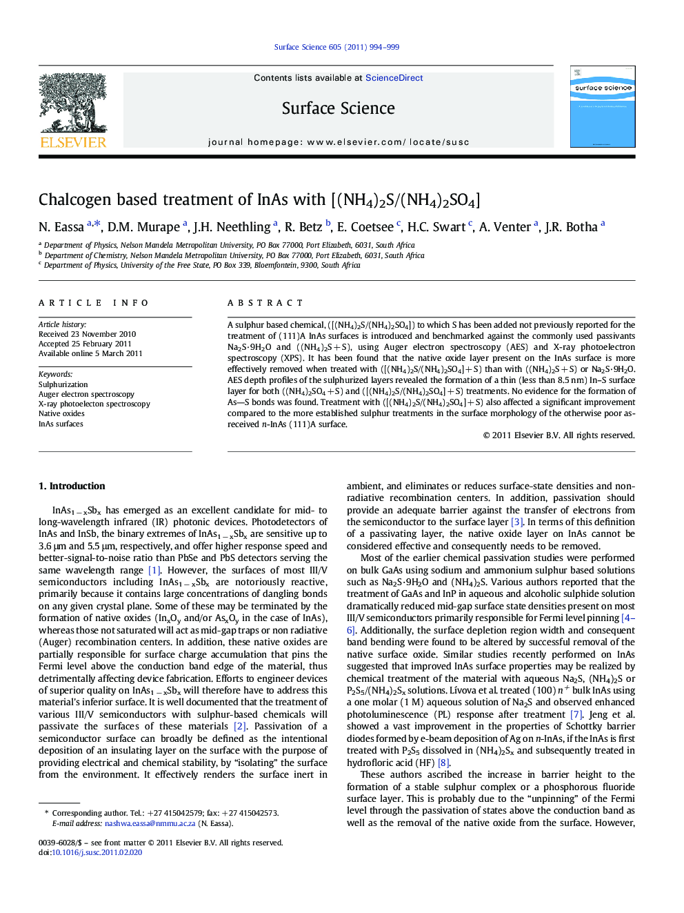 Chalcogen based treatment of InAs with [(NH4)2S/(NH4)2SO4]