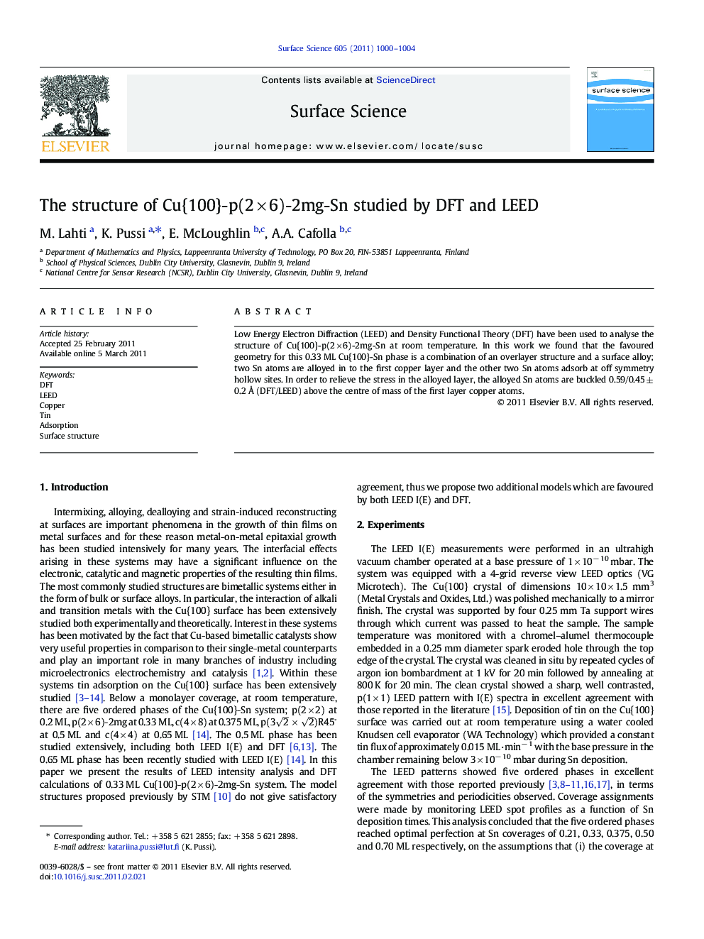 The structure of Cu{100}-p(2Â ÃÂ 6)-2mg-Sn studied by DFT and LEED