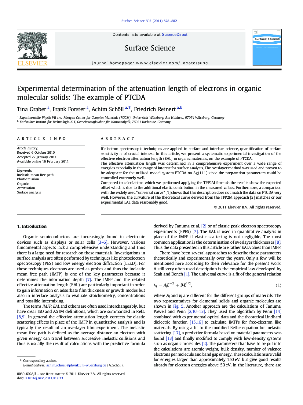 Experimental determination of the attenuation length of electrons in organic molecular solids: The example of PTCDA