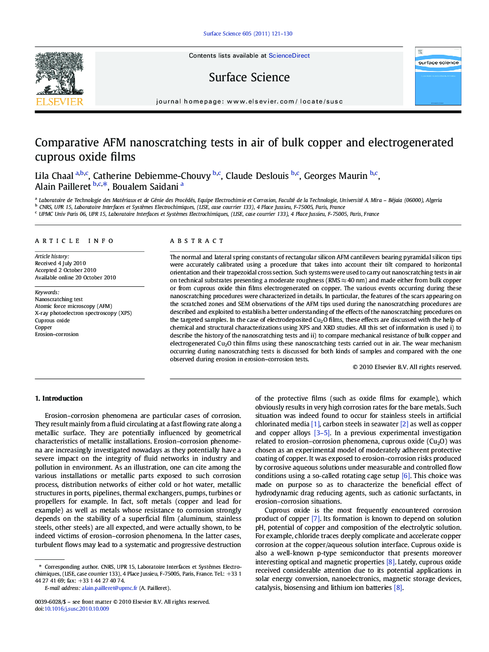 Comparative AFM nanoscratching tests in air of bulk copper and electrogenerated cuprous oxide films