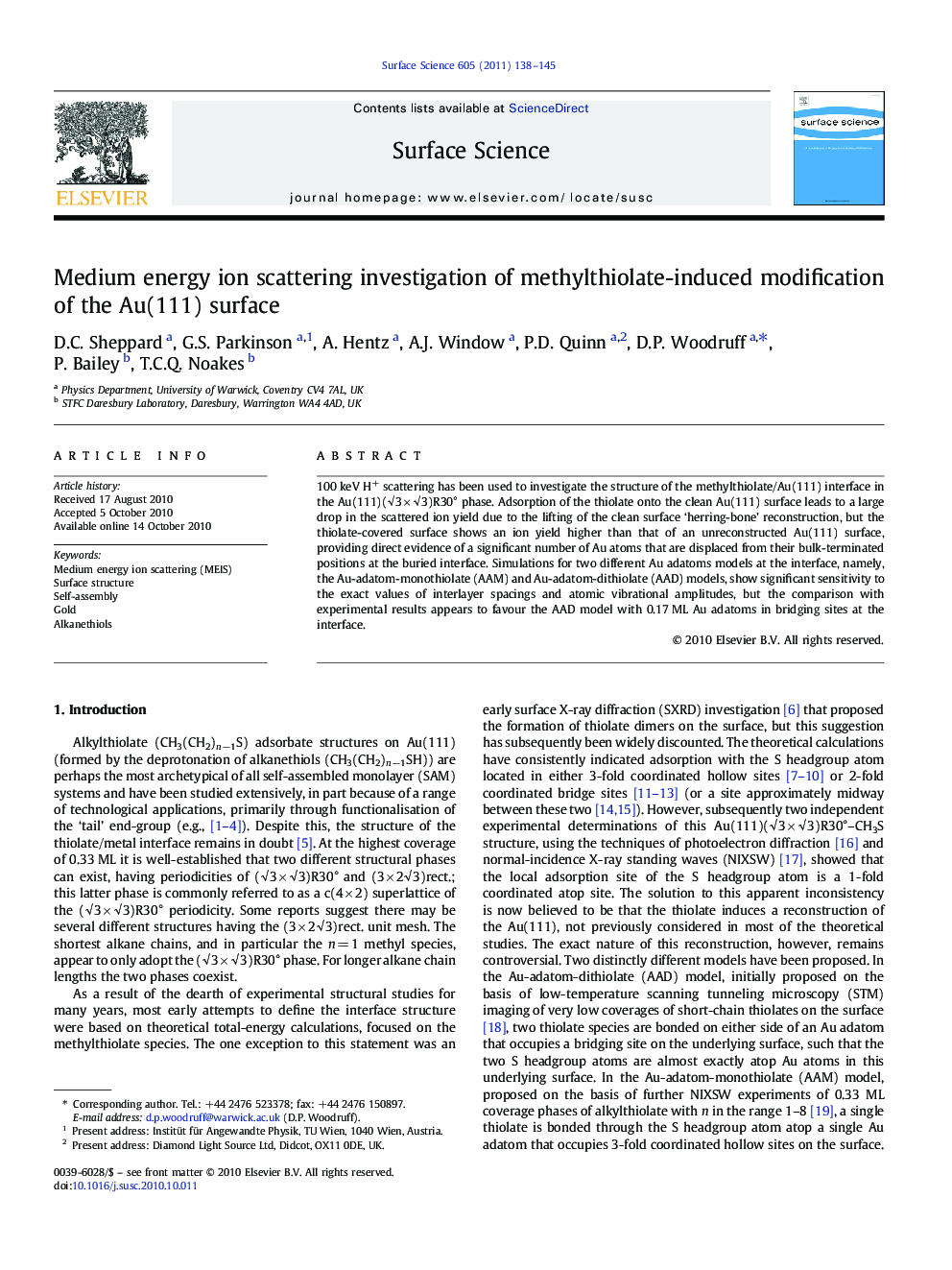 Medium energy ion scattering investigation of methylthiolate-induced modification of the Au(111) surface