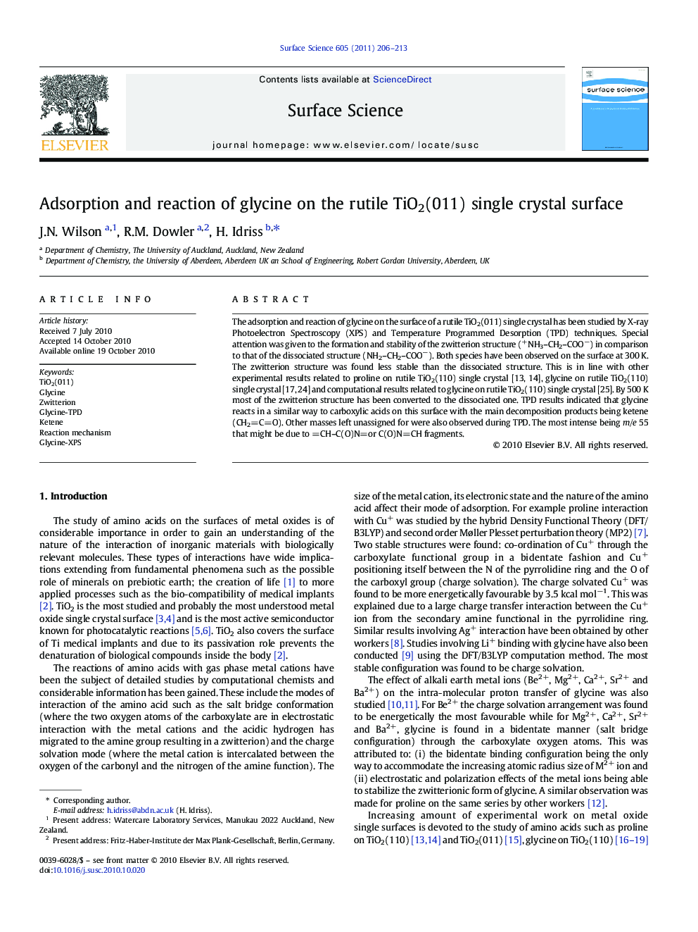 Adsorption and reaction of glycine on the rutile TiO2(011) single crystal surface